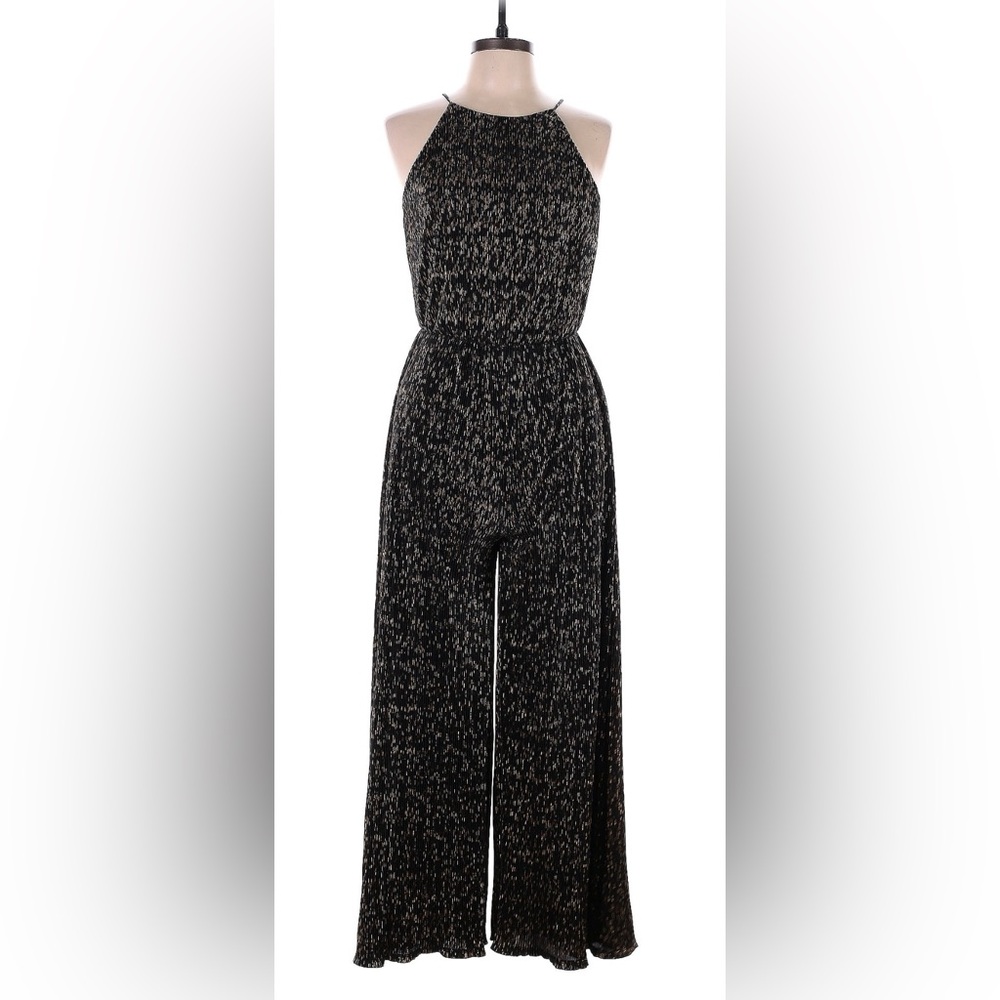 Lush halter jumpsuit pantsuit black gold metallic pleated, waistband, back slit